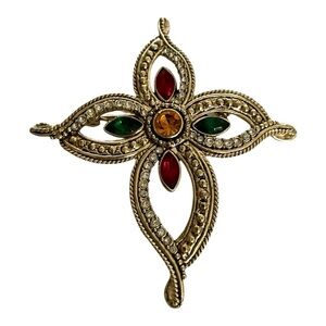Brooch, Vintage Celtic Cross, Gold-Tone, Colored Oval Rhinestones.